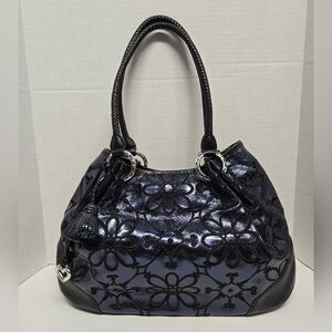 Brighton Valencia Black & Blue Floral Leather Bag w/Braided Handles 15"x10"x4"